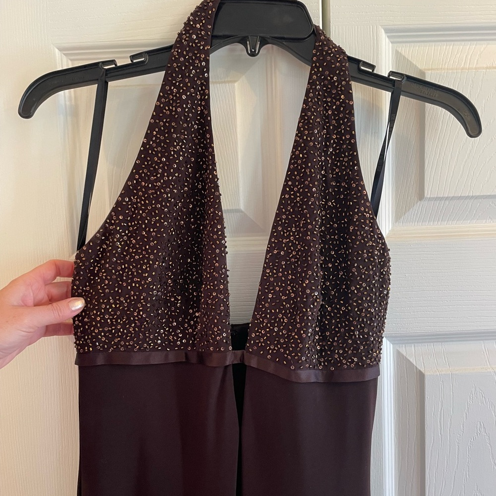 Laundry by Shelli Segal - brown halter gown with beading detail